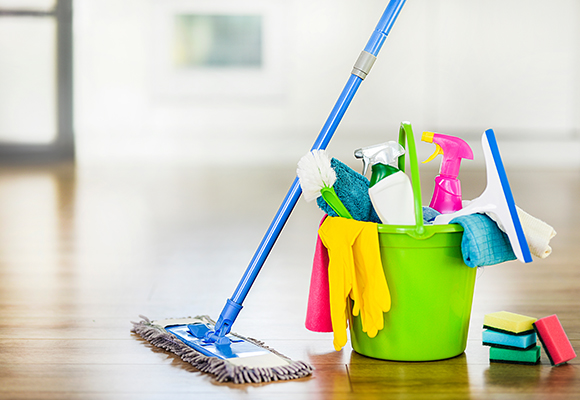a green bucket of cleaning products with gloves, sponges and cloths with a mop leaning against it