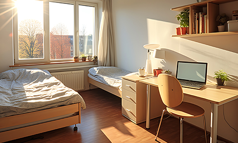 a clean two bed student accomodation with a desk and sun coming through the window